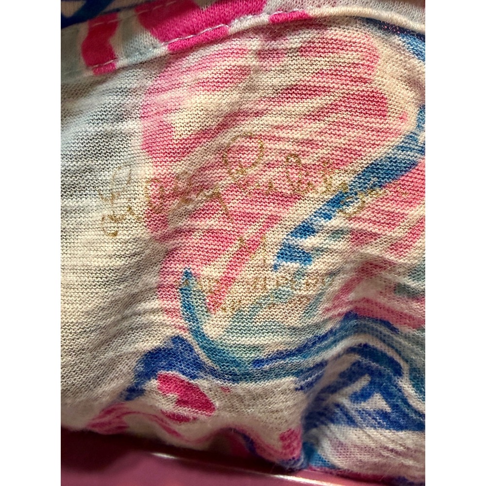 Lilly Pulitzer Etta V-Neck Top Medium Blue Pink Floral Slub Tee Tropical Preppy - Picture 2 of 6